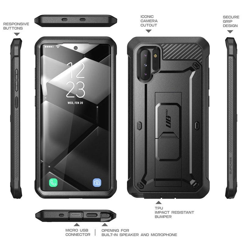 SUPCASE UB Pro Case for Samsung Galaxy Note 10 in black, showcasing rugged design and kickstand feature.